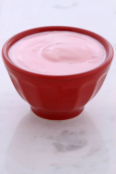Delicious Nutritious Healthy Fresh Strawberry Yogurt Vintage Carrara Marble — Stock Photo, Image