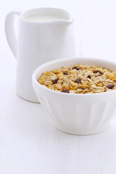 Delicioso Nutritivo Café Manhã Muesli Cereal Granola Com Leite Estilo — Fotografia de Stock