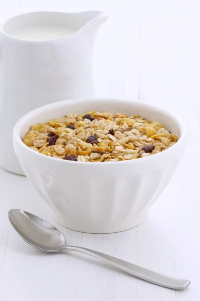 Délicieux Nutritif Petit Déjeuner Muesli Céréales Granola Lait Sur Style — Photo