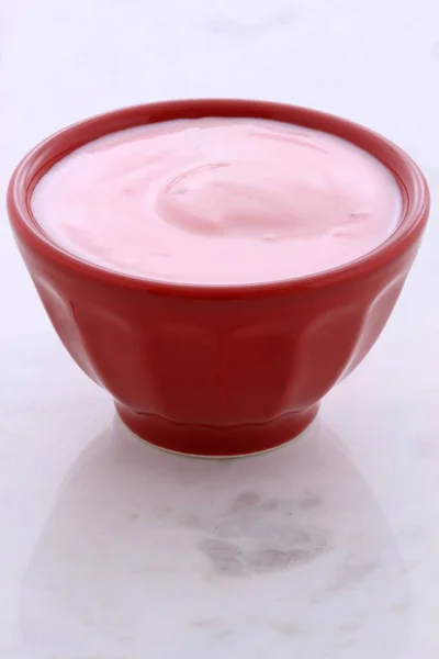 Delicious Nutritious Healthy Fresh Strawberry Yogurt Vintage Carrara Marble — Stock Photo, Image