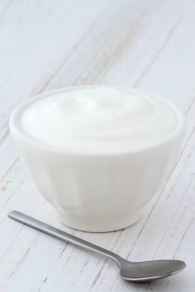 Delicious Nutritious Healthy Fresh Plain Greek Yogurt Antique Wood Table — Stock Photo, Image