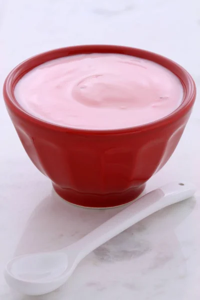 Delicious Nutritious Healthy Fresh Strawberry Yogurt Vintage Carrara Marble — Stock Photo, Image