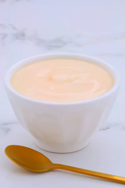Delicious Nutritious Healthy Fresh Peach Yogurt Vintage Carrara Marble Setting — Stock Photo, Image