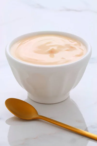 Delicious Nutritious Healthy Fresh Peach Yogurt Vintage Carrara Marble Setting — Stock Photo, Image