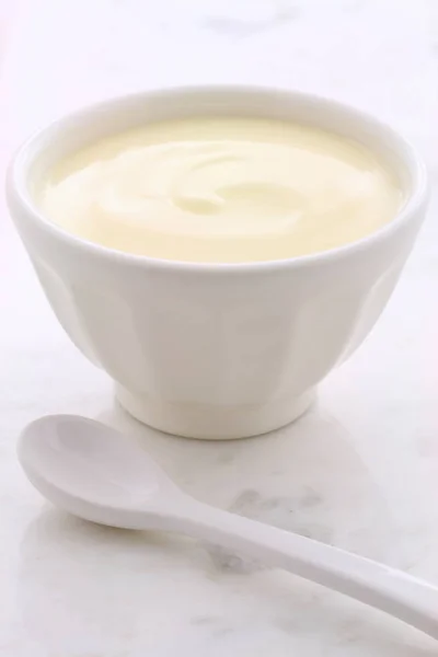 Delicious Nutritious Healthy Fresh Plain Yogurt Vintage Carrara Marble Setting — Stock Photo, Image