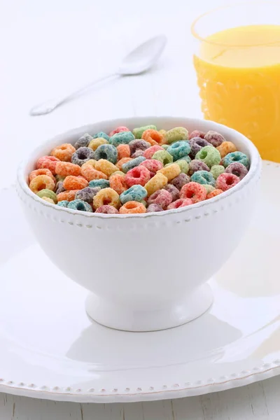 Delicious Nutritious Cereal Loops Healthy Organic Orange Juice — Stock Photo, Image