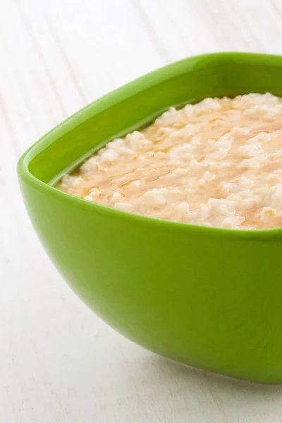 Delicious Nutritious Healthy Fresh Old Fashioned Oatmeal Antique Wood Table — Stock Photo, Image