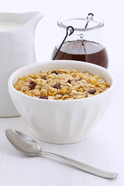 Délicieux Nutritif Petit Déjeuner Muesli Céréales Granola Lait Sur Style — Photo