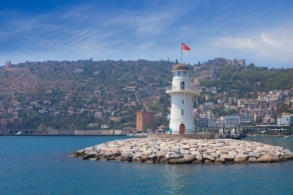 Alanya Türkiye Mediterranian Denizi Ndeki Beyaz Deniz Fenerinin Pitoresk Manzarası — Stok fotoğraf