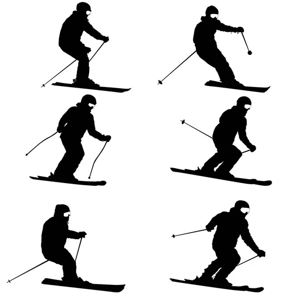 Set ski de montagne excès de vitesse sur la pente sport silhouette — Image vectorielle