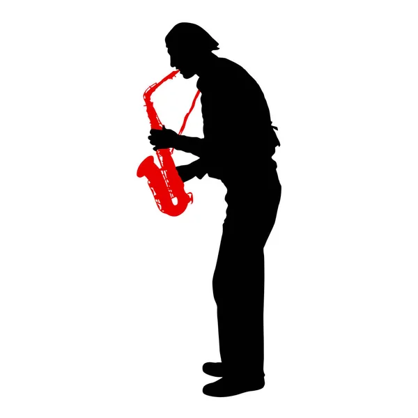Silueta de músico tocando el saxofón sobre un fondo blanco — Vector de stock