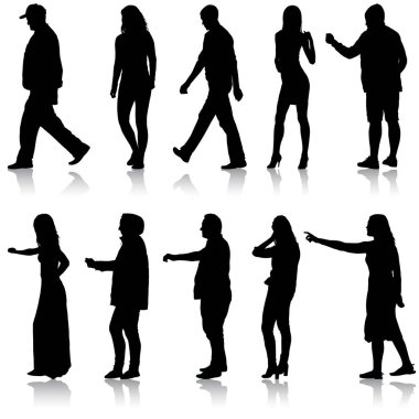 Beyaz arka plan üzerinde yürüyen insanlar kümesi silüeti