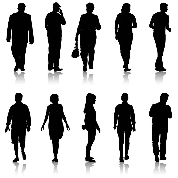 Svart siluett grupp av människor som står i olika poser — Stock vektor