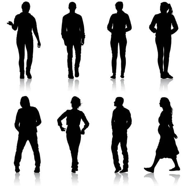 Set silhouette di persone che camminano su sfondo bianco — Vettoriale Stock
