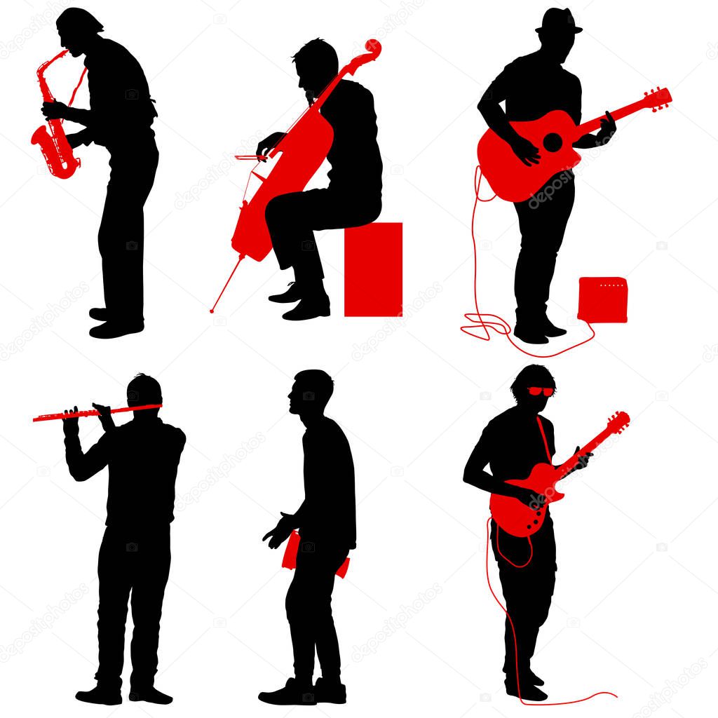 Silhouettes street musicians playing instruments on a white background