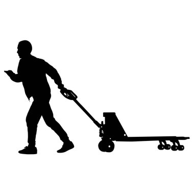 Beyaz arka plan üzerinde izole el arabası ve taşımak büyük bir kutu iterek siyah siluet çalışkan