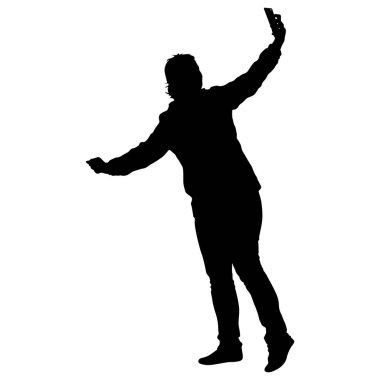 Siluet kadın beyaz arka planda akıllı telefonuyla selfie çekiyor.