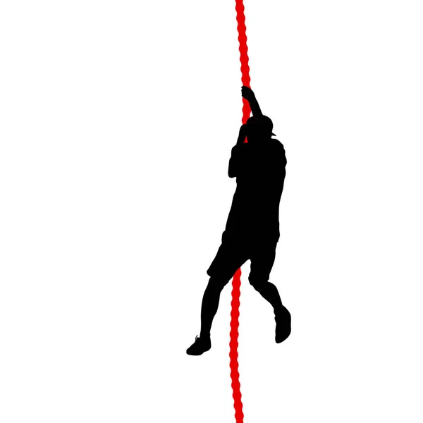 Silueta negra Escalador de montaña escalando una cuerda floja en las manos — Vector de stock
