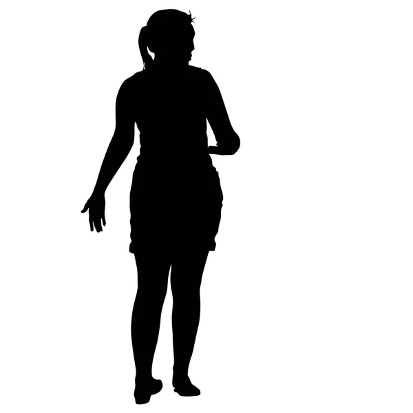 Чорний силует жінка стоїть, люди на білому тлі — стоковий вектор