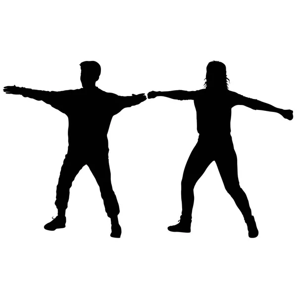 Silhouet van man en vrouw staande bedrijf omhoog zijn handen op een witte achtergrond — Stockvector