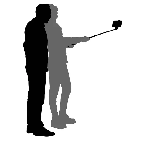 Silhuetas homem e mulher tomando selfie com smartphone no fundo branco — Vetor de Stock