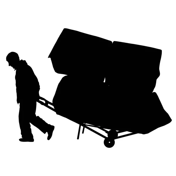 白い背景で隔離の手押し車、キャリーの大きな箱を押す黒いシルエット ハード ワーカー — ストックベクタ