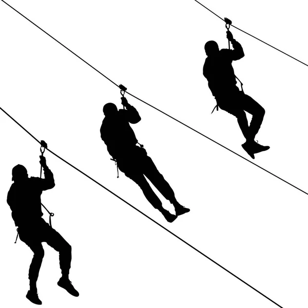 Black set silhouette extreme rope descent attraction, man descends down the cable car — Stock Vector