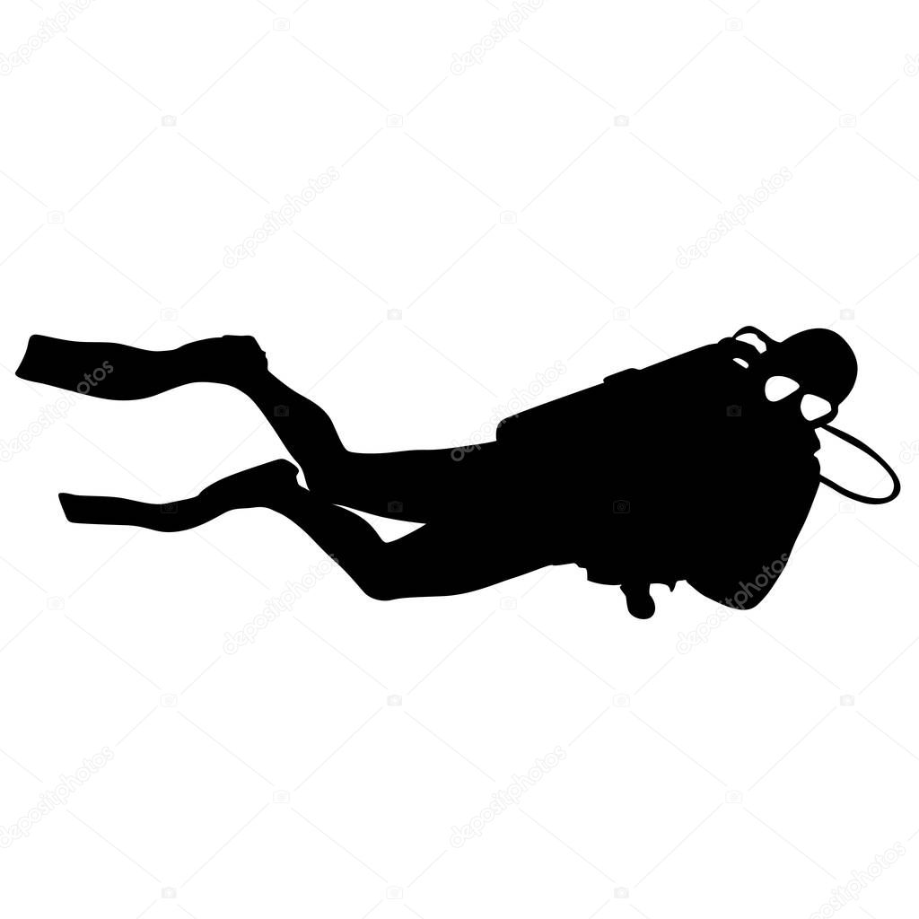 Black silhouette scuba divers on a white background