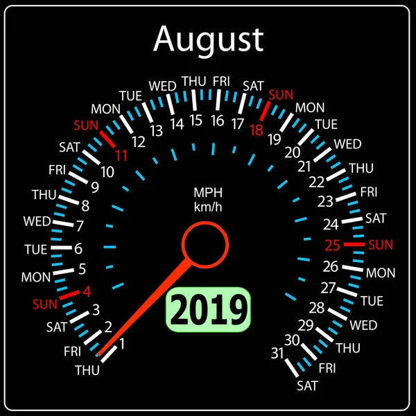 Il calendario 2019 anno tachimetro auto agosto — Vettoriale Stock