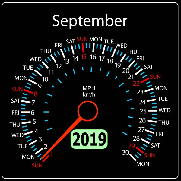 El 2019 año calendario velocímetro coche septiembre — Vector de stock