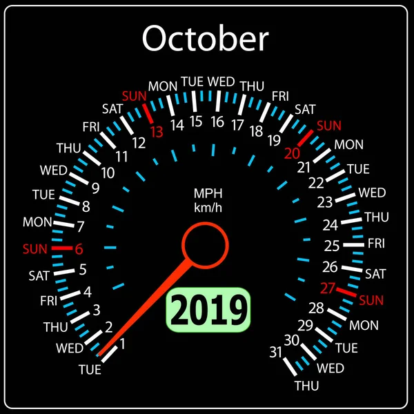 2019 Año Calendario Velocímetro Coche Octubre — Vector de stock