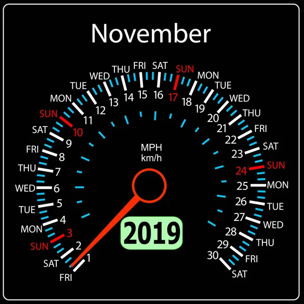 El 2019 año calendario velocímetro coche noviembre — Vector de stock