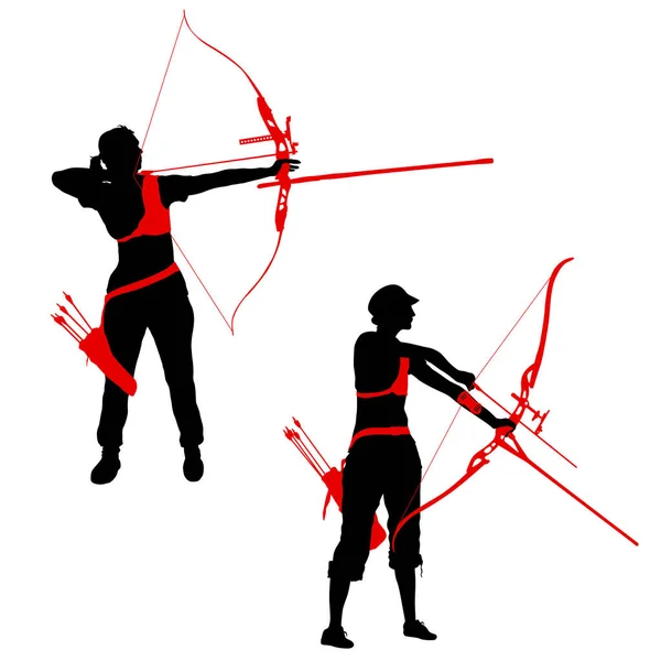 Set silhouette attrayant archer femelle plier un arc et visant dans la cible — Image vectorielle