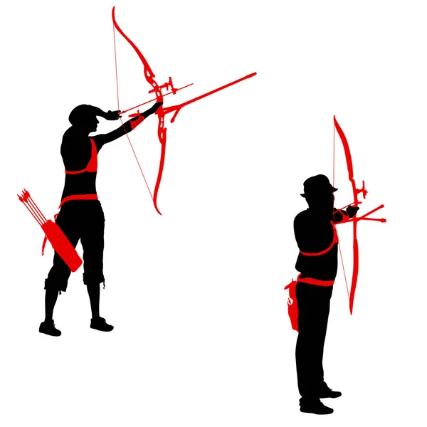 Definir silhueta atraente fêmea e masculina arqueiro dobrando um arco e apontando no alvo —  Vetores de Stock