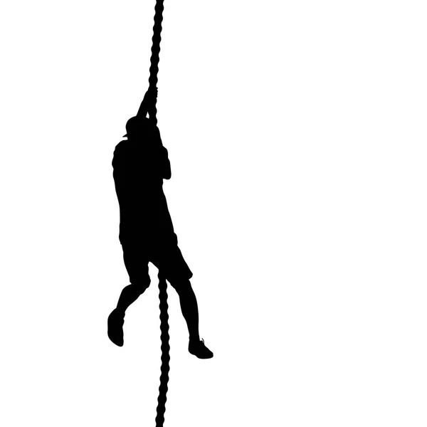 Černá silueta horolezec stoupání po laně na rukou — Stockový vektor