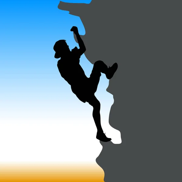 Negro silueta escalador de roca en contra del cielo azul — Vector de stock