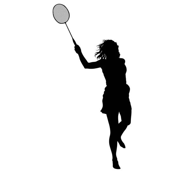 Silhouette nera del giocatore di badminton femminile su sfondo bianco — Vettoriale Stock
