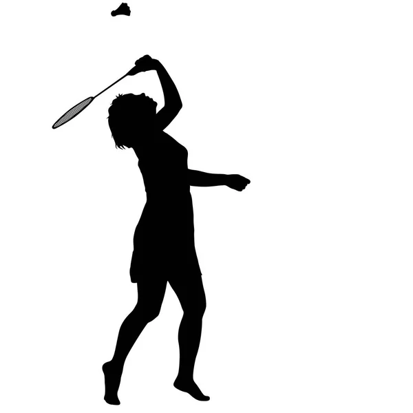 Schwarze Silhouette einer Badmintonspielerin auf weißem Hintergrund — Stockvektor
