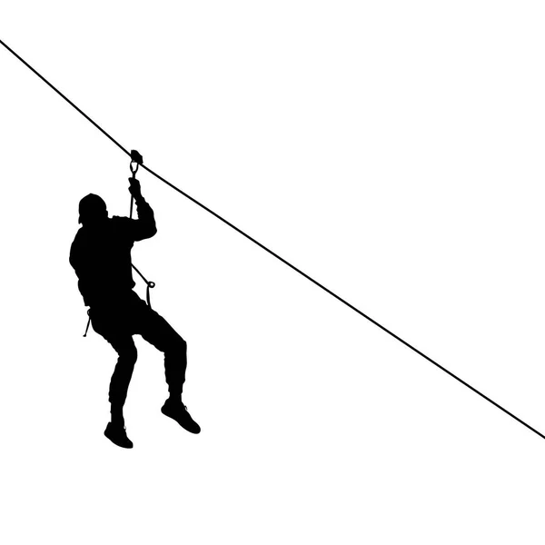 Black silhouette extreme rope descent attraction, man descends down the cable car — Stock Vector