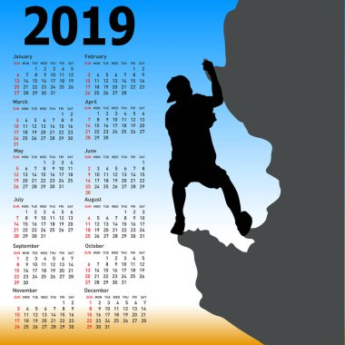2019 siluet dağcı üzerinde mavi gökyüzü ile şık takvimi