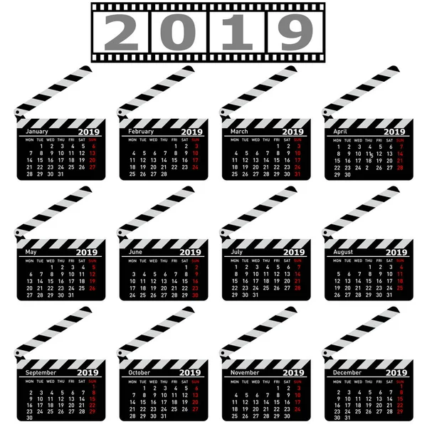 Calendario para 2019, tablero de aplausos de película sobre fondo blanco — Archivo Imágenes Vectoriales