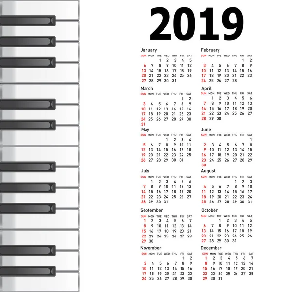 Yeni takvim 2019 bir müzikal arka plan piyano tuşları ile — Stok Vektör