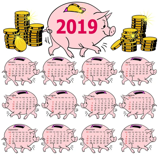 Calendario con estilo Hucha de cerdo para 2019 Los domingos primero — Vector de stock