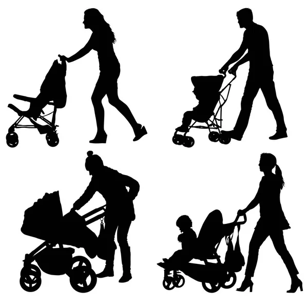Set siluetas paseos madres con cochecitos de bebé — Vector de stock