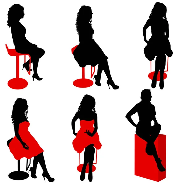 Zestaw ilhouette dziewczyna siedzi na tle krzesło, biały — Wektor stockowy