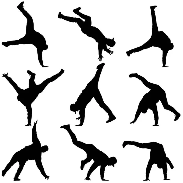 Conjunto preto silhuetas breakdancer em um fundo branco — Vetor de Stock