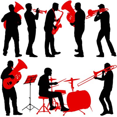 Trombon, davulcu, tuba, trompet, saksafon, beyaz bir arka plan üzerinde oynarken müzisyen set silüeti