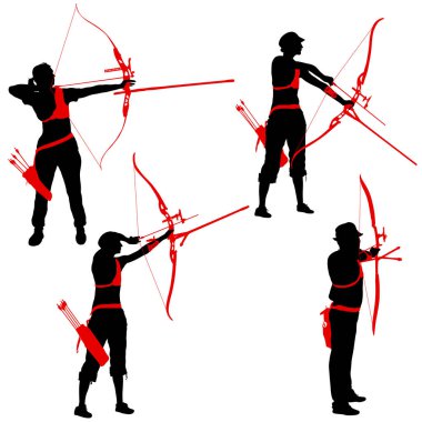 Bir yay bükme ve hedef hedef kümesi siluet çekici kadın ve erkek okçu