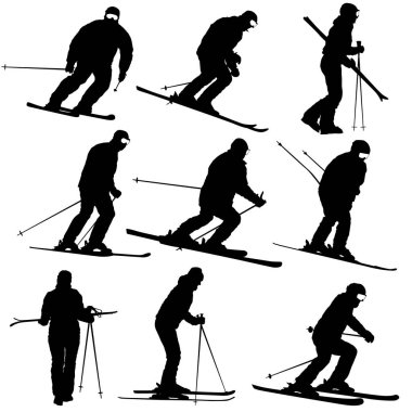 Set mountain skier speeding down slope sport silhouette clipart