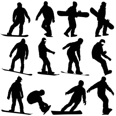 Beyaz arka plan üzerinde siyah siluetler snowboard ayarla